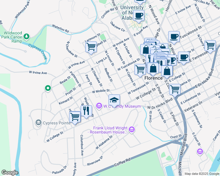 map of restaurants, bars, coffee shops, grocery stores, and more near 658-660 W Mobile St in Florence