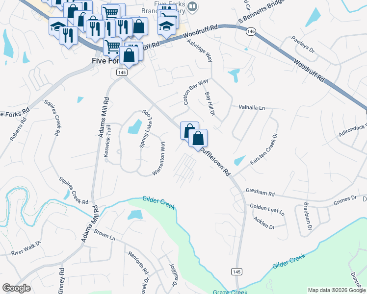 map of restaurants, bars, coffee shops, grocery stores, and more near 412 Scuffletown Road in Simpsonville