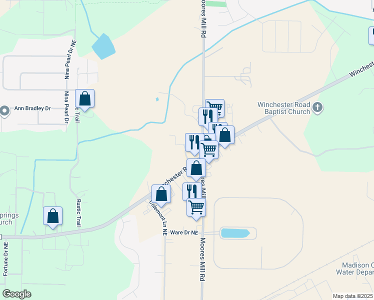 map of restaurants, bars, coffee shops, grocery stores, and more near Marcus Byers Drive Northeast in Huntsville