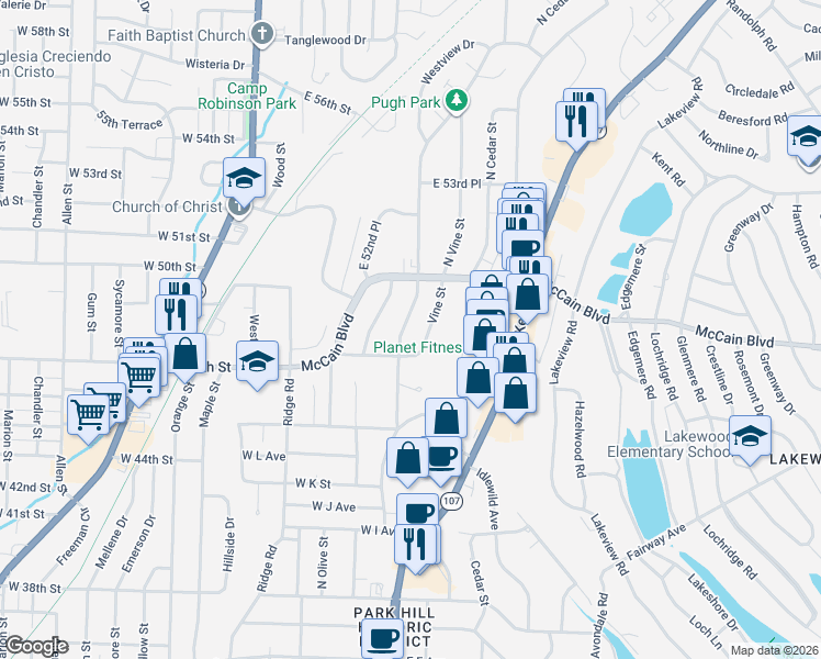 map of restaurants, bars, coffee shops, grocery stores, and more near 4607 North Locust Street in North Little Rock
