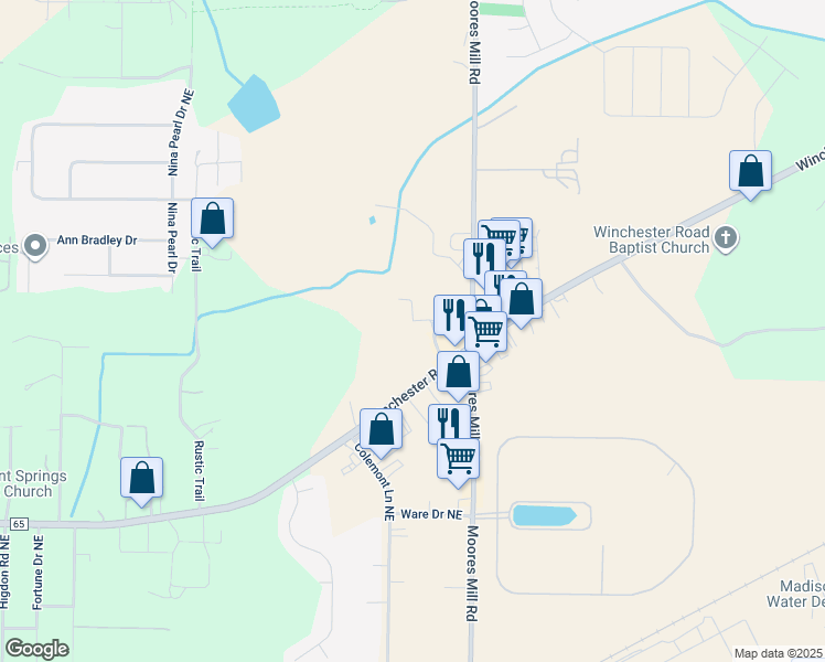 map of restaurants, bars, coffee shops, grocery stores, and more near 925 Winchester Road Northeast in Huntsville