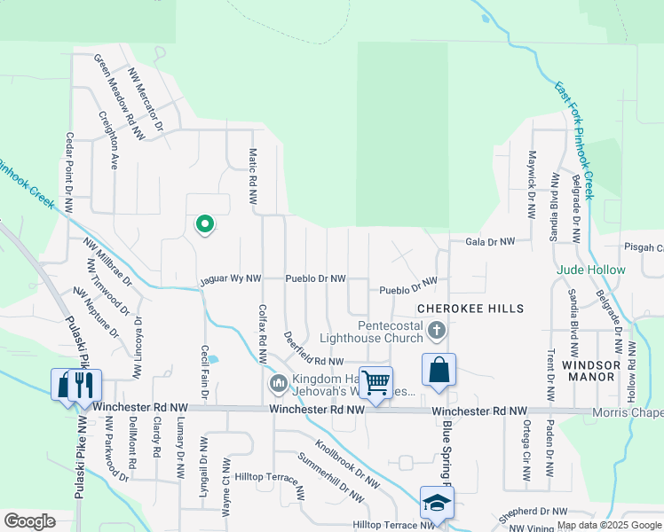 map of restaurants, bars, coffee shops, grocery stores, and more near 6200 Valley Park Drive Northwest in Huntsville