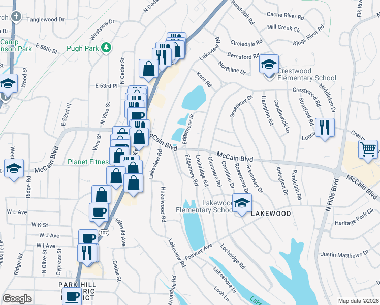 map of restaurants, bars, coffee shops, grocery stores, and more near 4718 Edgemere Road in North Little Rock