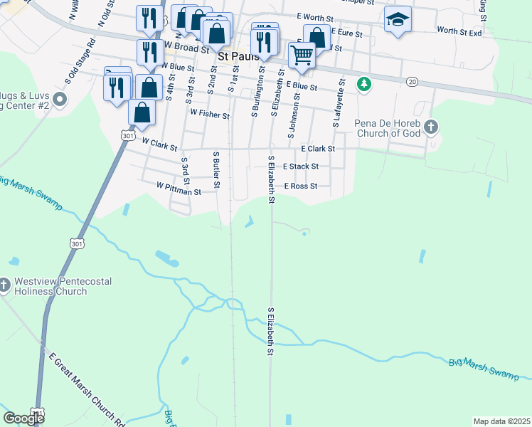 map of restaurants, bars, coffee shops, grocery stores, and more near 590 South Elizabeth Street in Saint Pauls