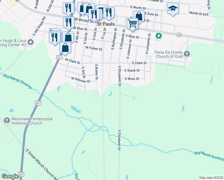 map of restaurants, bars, coffee shops, grocery stores, and more near 590 South Elizabeth Street in Saint Pauls