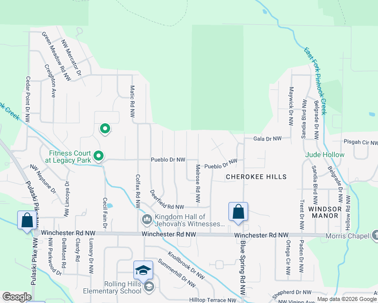 map of restaurants, bars, coffee shops, grocery stores, and more near 6203 Melrose Road Northwest in Huntsville