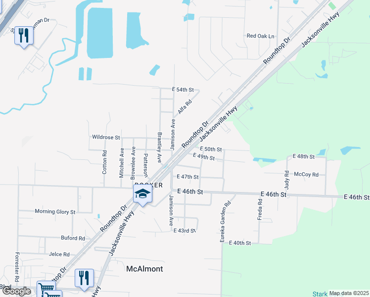 map of restaurants, bars, coffee shops, grocery stores, and more near 5035 Roundtop Drive in North Little Rock