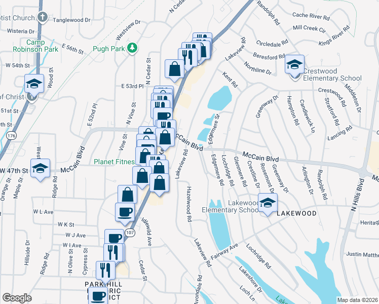 map of restaurants, bars, coffee shops, grocery stores, and more near 4716 Lakeview Road in North Little Rock