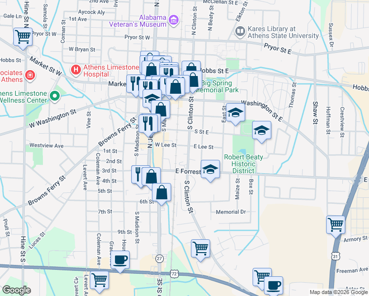 map of restaurants, bars, coffee shops, grocery stores, and more near 500 South Clinton Street in Athens