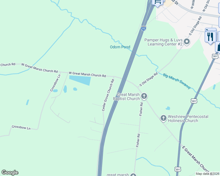 map of restaurants, bars, coffee shops, grocery stores, and more near 2071 Cedar Grove Church Road in Saint Pauls