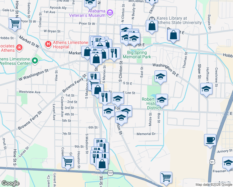 map of restaurants, bars, coffee shops, grocery stores, and more near 500 South Clinton Street in Athens