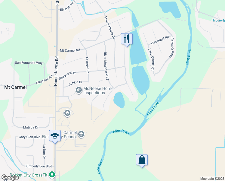 map of restaurants, bars, coffee shops, grocery stores, and more near River Mill Road in Huntsville