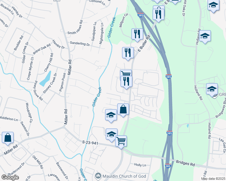 map of restaurants, bars, coffee shops, grocery stores, and more near 134 Brookhill Place in Mauldin