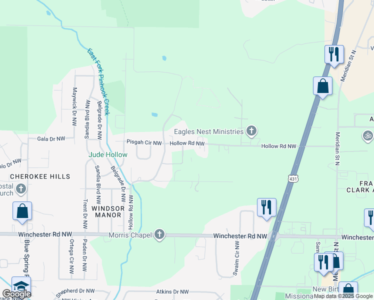 map of restaurants, bars, coffee shops, grocery stores, and more near 315 Winchester Road Northwest in Huntsville