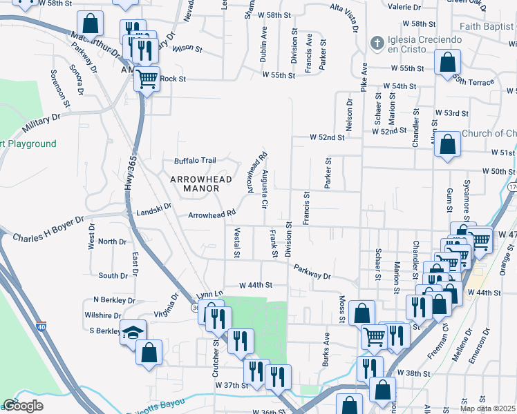 map of restaurants, bars, coffee shops, grocery stores, and more near 4705 Augusta Circle in North Little Rock