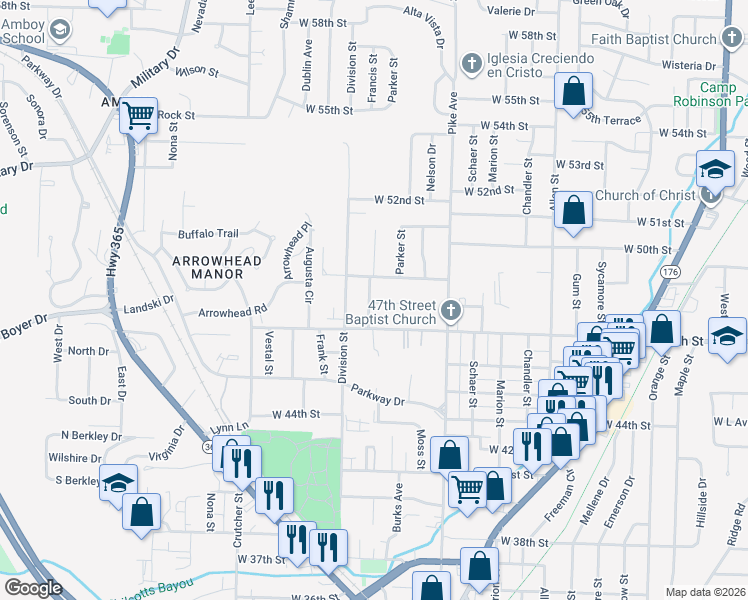 map of restaurants, bars, coffee shops, grocery stores, and more near 4707 Francis Street in North Little Rock