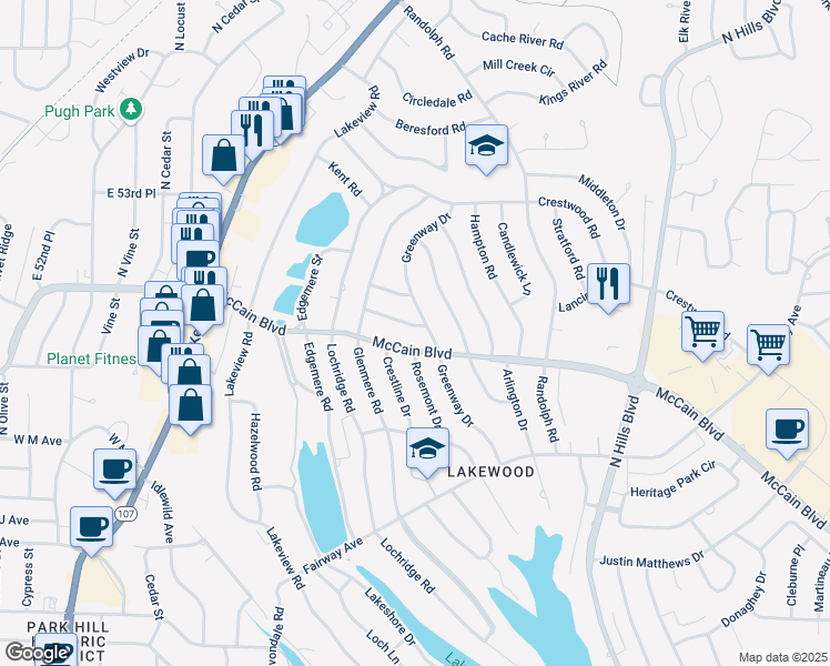 map of restaurants, bars, coffee shops, grocery stores, and more near 1801 McCain Boulevard in North Little Rock
