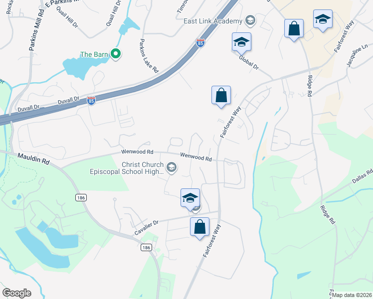 map of restaurants, bars, coffee shops, grocery stores, and more near 103 Wenwood Circle in Greenville