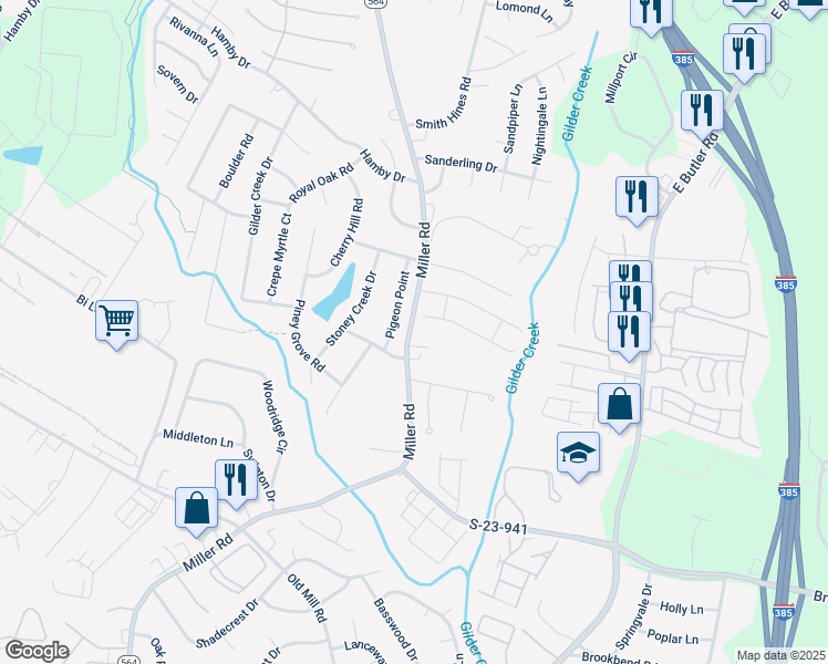 map of restaurants, bars, coffee shops, grocery stores, and more near 706 Miller Road in Greenville