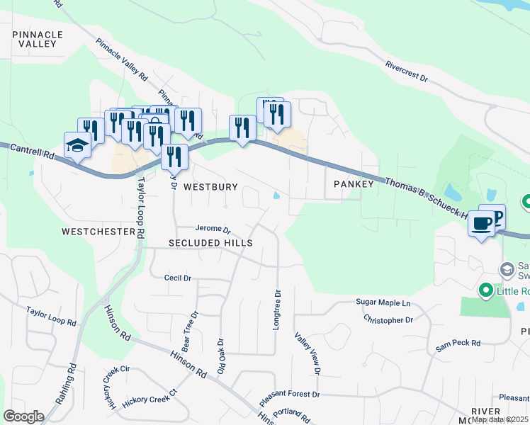 map of restaurants, bars, coffee shops, grocery stores, and more near 4700 Old Oak Drive in Little Rock