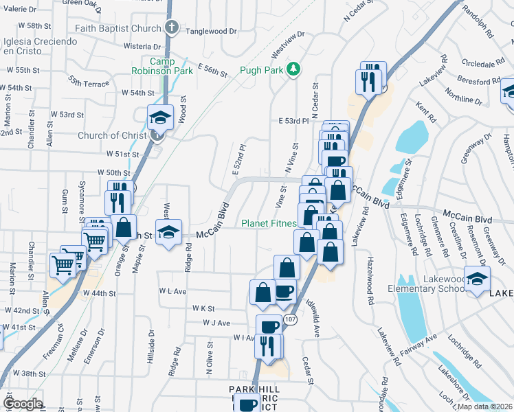 map of restaurants, bars, coffee shops, grocery stores, and more near 4607 North Locust Street in North Little Rock