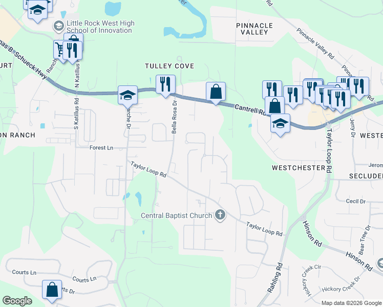 map of restaurants, bars, coffee shops, grocery stores, and more near 4803 Gooch Drive in Little Rock