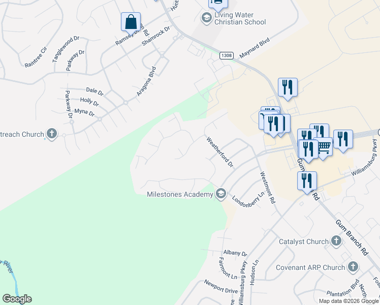 map of restaurants, bars, coffee shops, grocery stores, and more near 203 Lincolnton Court in Jacksonville