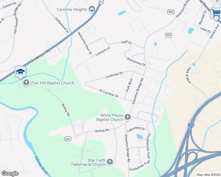 map of restaurants, bars, coffee shops, grocery stores, and more near 340 West Caroline Street in Greenville