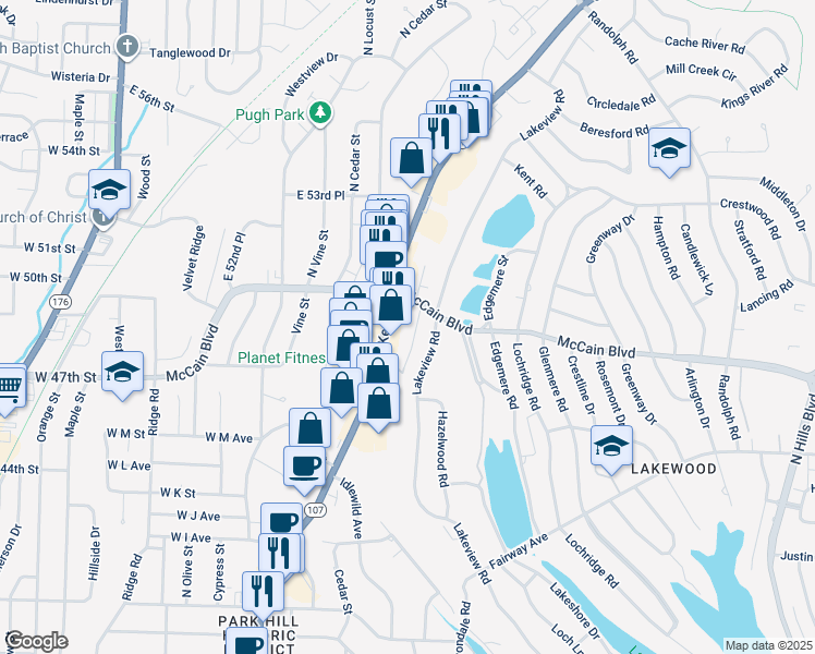 map of restaurants, bars, coffee shops, grocery stores, and more near 4705 Hickory Avenue in North Little Rock