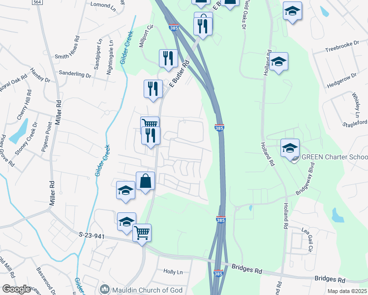 map of restaurants, bars, coffee shops, grocery stores, and more near 782 East Butler Road in Mauldin