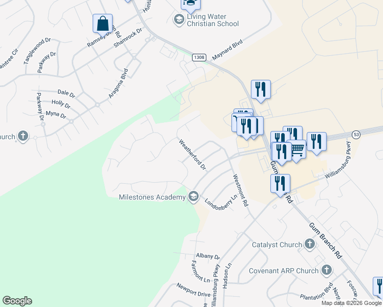 map of restaurants, bars, coffee shops, grocery stores, and more near Weatherford Dr in Onslow