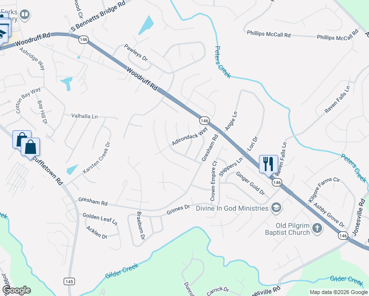 map of restaurants, bars, coffee shops, grocery stores, and more near 203 South Birkenstock Drive in Simpsonville