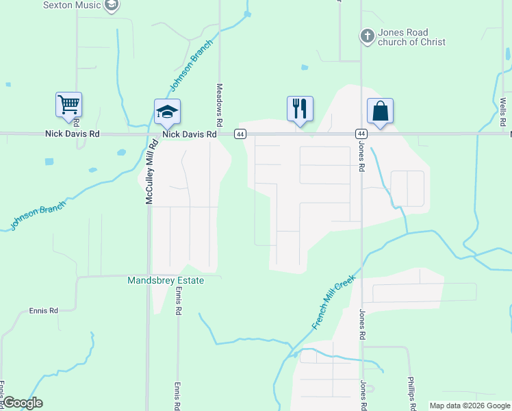 map of restaurants, bars, coffee shops, grocery stores, and more near 26152 Nick Davis Road in Athens