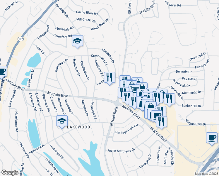 map of restaurants, bars, coffee shops, grocery stores, and more near 2401 McCain Boulevard in North Little Rock