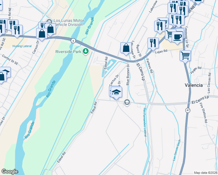 map of restaurants, bars, coffee shops, grocery stores, and more near 24 Cactus Drive in Los Lunas