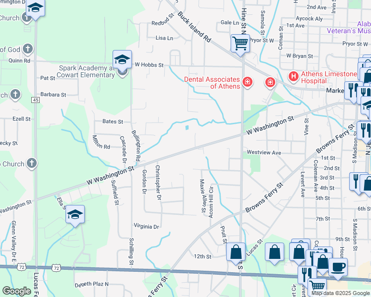 map of restaurants, bars, coffee shops, grocery stores, and more near 1112 West Washington Street in Athens