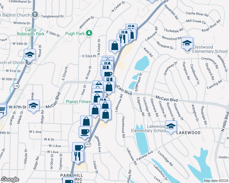map of restaurants, bars, coffee shops, grocery stores, and more near 1012 McCain Boulevard in North Little Rock