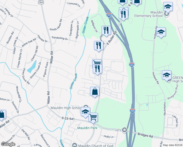 map of restaurants, bars, coffee shops, grocery stores, and more near 60 Centimeters Drive in Mauldin