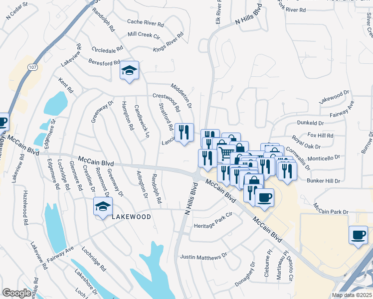 map of restaurants, bars, coffee shops, grocery stores, and more near 4801 North Hills Boulevard in North Little Rock