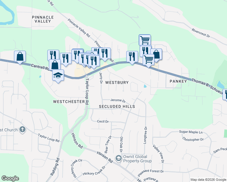 map of restaurants, bars, coffee shops, grocery stores, and more near 16 Westchase Drive in Little Rock
