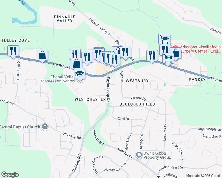map of restaurants, bars, coffee shops, grocery stores, and more near 14105 Taylor Loop Road in Little Rock