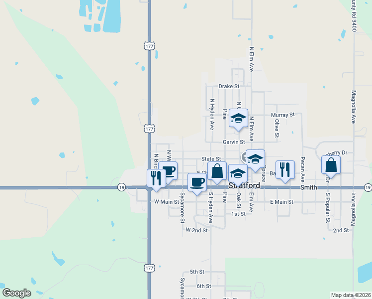 map of restaurants, bars, coffee shops, grocery stores, and more near 500 Sycamore Street in Stratford