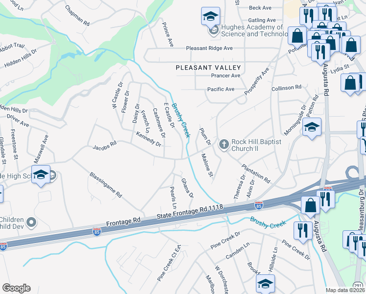 map of restaurants, bars, coffee shops, grocery stores, and more near 16 East Castle Drive in Greenville