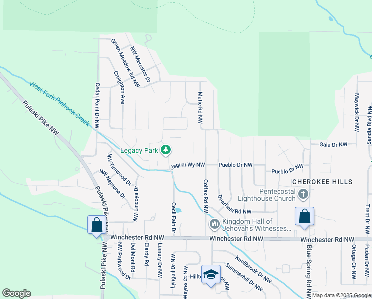 map of restaurants, bars, coffee shops, grocery stores, and more near 6201 Pueblo Drive Northwest in Huntsville