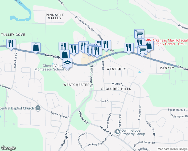 map of restaurants, bars, coffee shops, grocery stores, and more near 14105 Taylor Loop Road in Little Rock