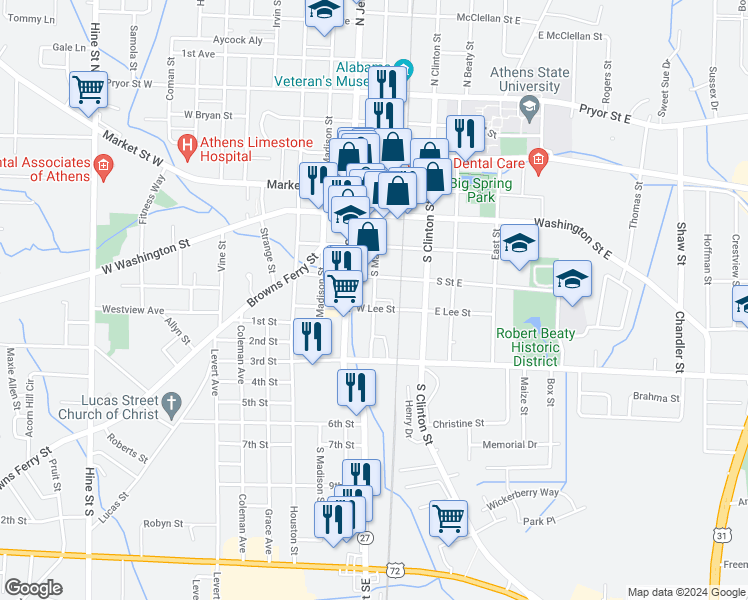 map of restaurants, bars, coffee shops, grocery stores, and more near 411 South Marion Street in Athens