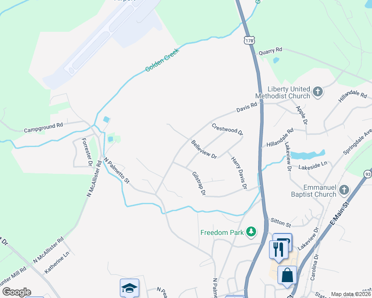 map of restaurants, bars, coffee shops, grocery stores, and more near 102 Belleview Drive in Liberty