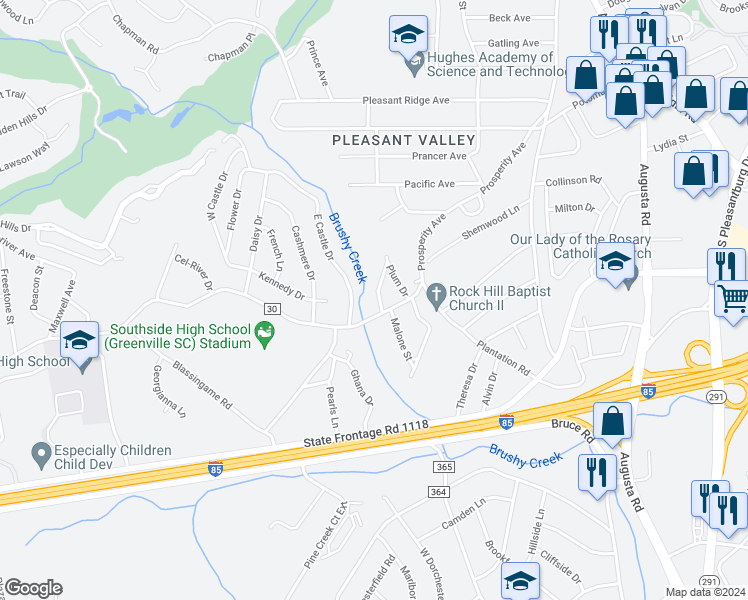 map of restaurants, bars, coffee shops, grocery stores, and more near 2 Nandina Drive in Greenville