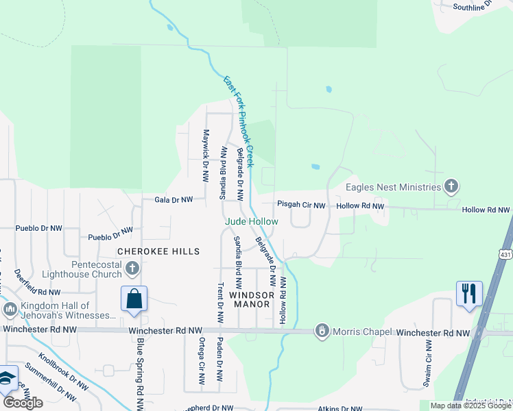 map of restaurants, bars, coffee shops, grocery stores, and more near 2207 Pisgah Circle Northwest in Huntsville