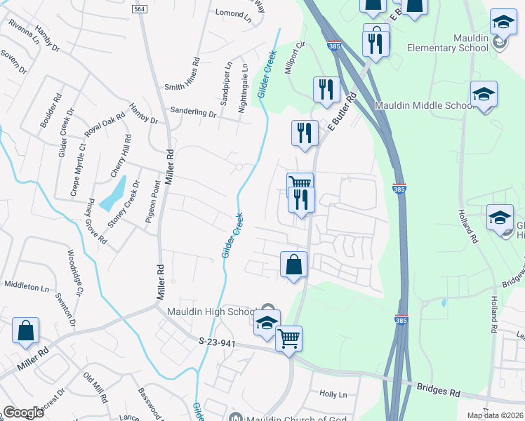 map of restaurants, bars, coffee shops, grocery stores, and more near 464 Woodbark Court in Mauldin